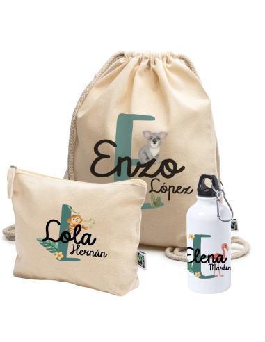 MOCHILA ALGODÓN ANIMALES INICIAL Y NOMBRE...